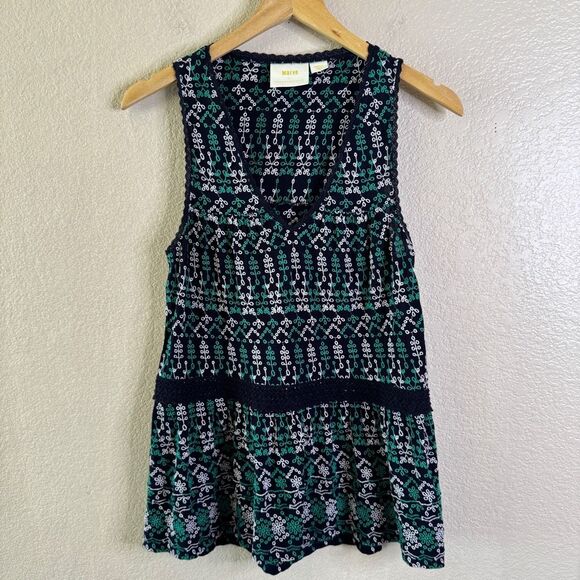 Maeve Anthropologie Embroidered Tank Top Blouse Womens Small Navy Green White - Picture 1 of 13